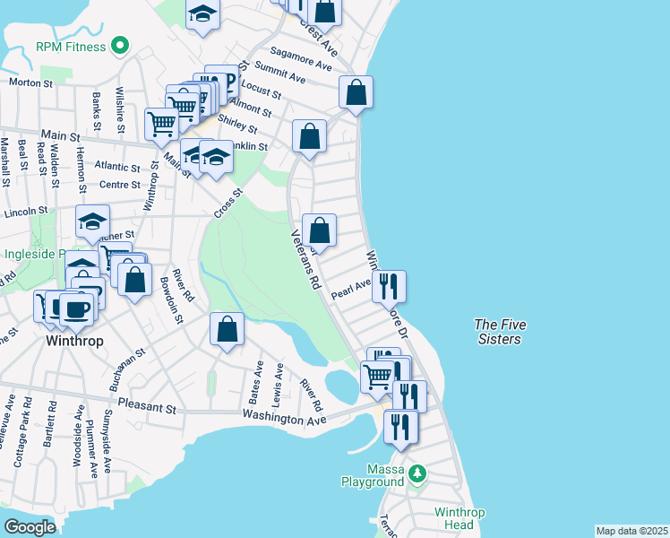 map of restaurants, bars, coffee shops, grocery stores, and more near 26 Seafoam Avenue in Winthrop