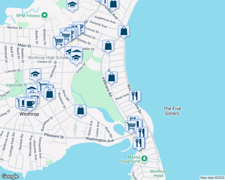 map of restaurants, bars, coffee shops, grocery stores, and more near 26 Seafoam Avenue in Winthrop
