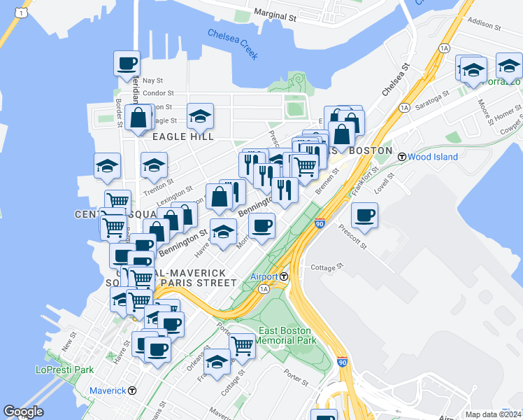 map of restaurants, bars, coffee shops, grocery stores, and more near 216 Bennington Street in Boston