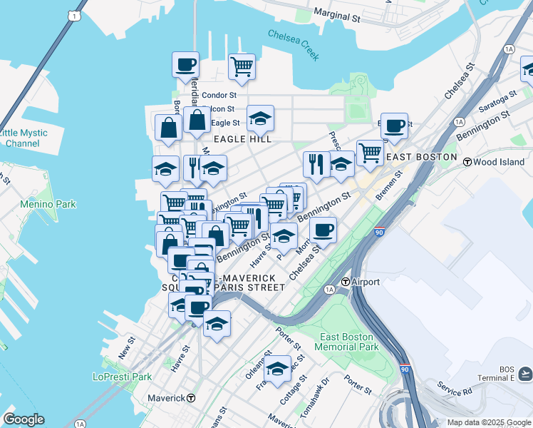 map of restaurants, bars, coffee shops, grocery stores, and more near 129 Lexington Street in Boston