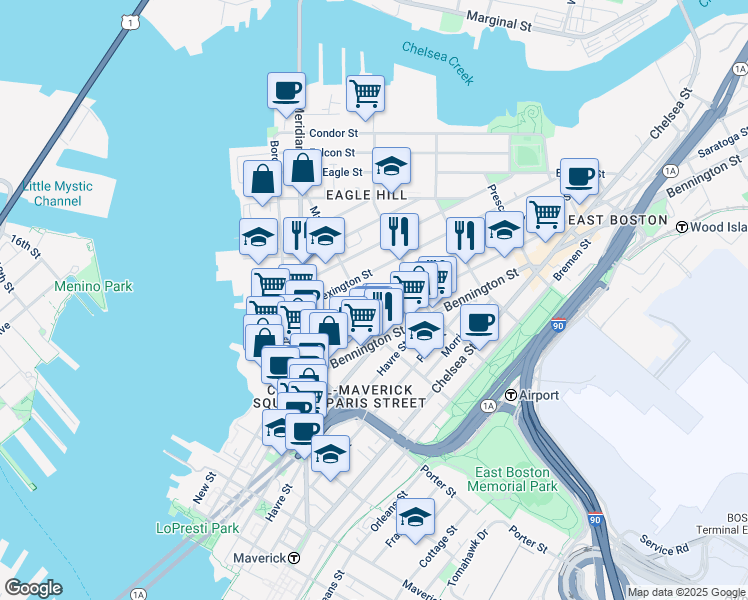 map of restaurants, bars, coffee shops, grocery stores, and more near 129 Lexington Street in Boston