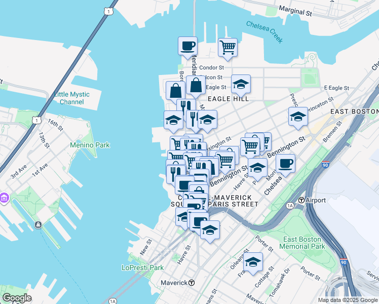 map of restaurants, bars, coffee shops, grocery stores, and more near 307 Border Street in Boston
