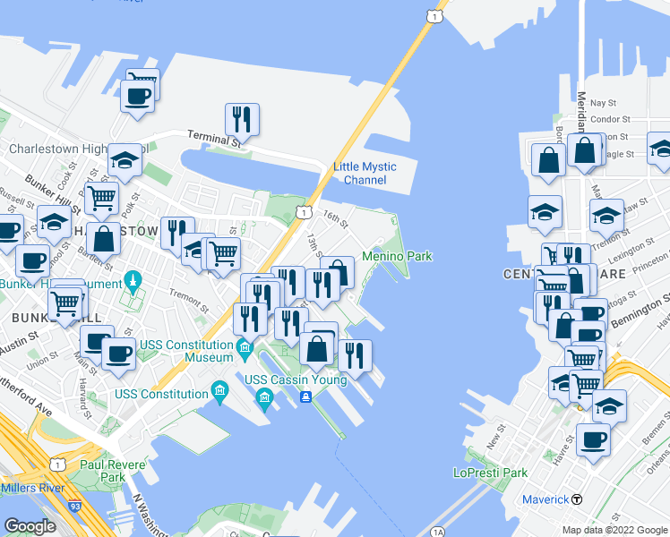 map of restaurants, bars, coffee shops, grocery stores, and more near 75 3rd Avenue in Boston
