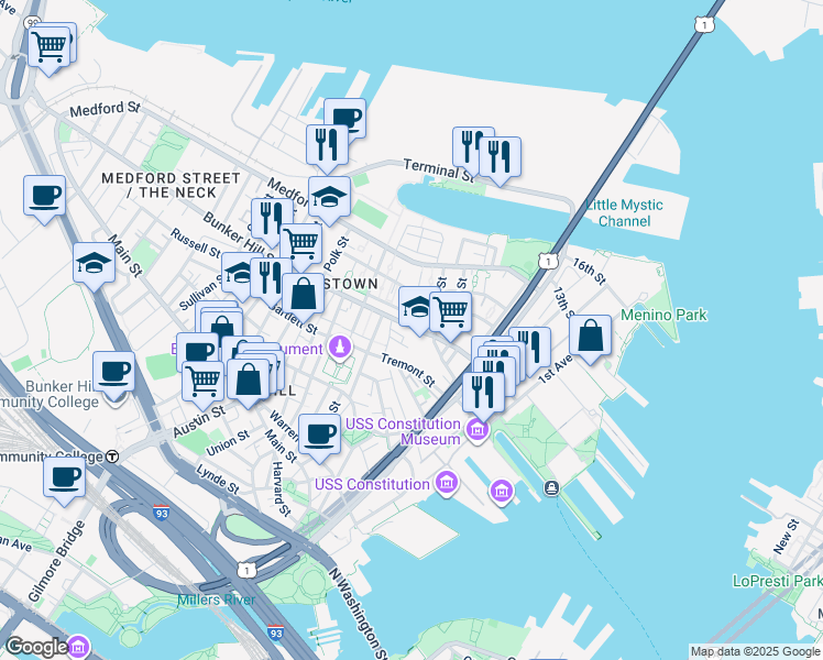 map of restaurants, bars, coffee shops, grocery stores, and more near 33 O Reilly Way in Boston