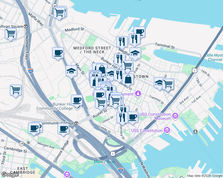 map of restaurants, bars, coffee shops, grocery stores, and more near 51 School Street in Boston