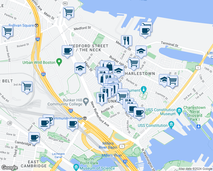map of restaurants, bars, coffee shops, grocery stores, and more near 14 Sullivan Street in Boston