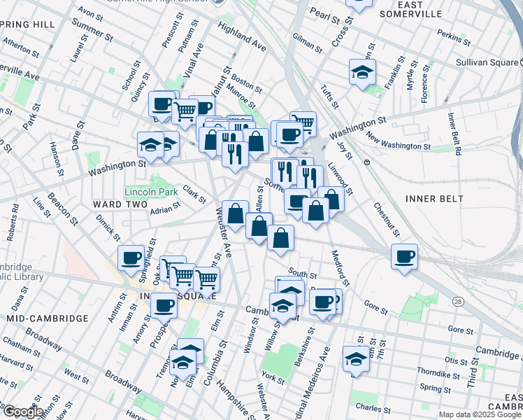 map of restaurants, bars, coffee shops, grocery stores, and more near 12 Linden Street in Somerville