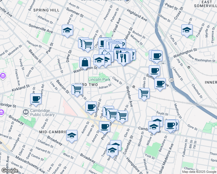 map of restaurants, bars, coffee shops, grocery stores, and more near 16 Lincoln Parkway in Somerville