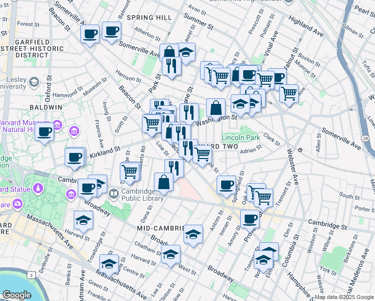 map of restaurants, bars, coffee shops, grocery stores, and more near 24 Beacon Place in Somerville
