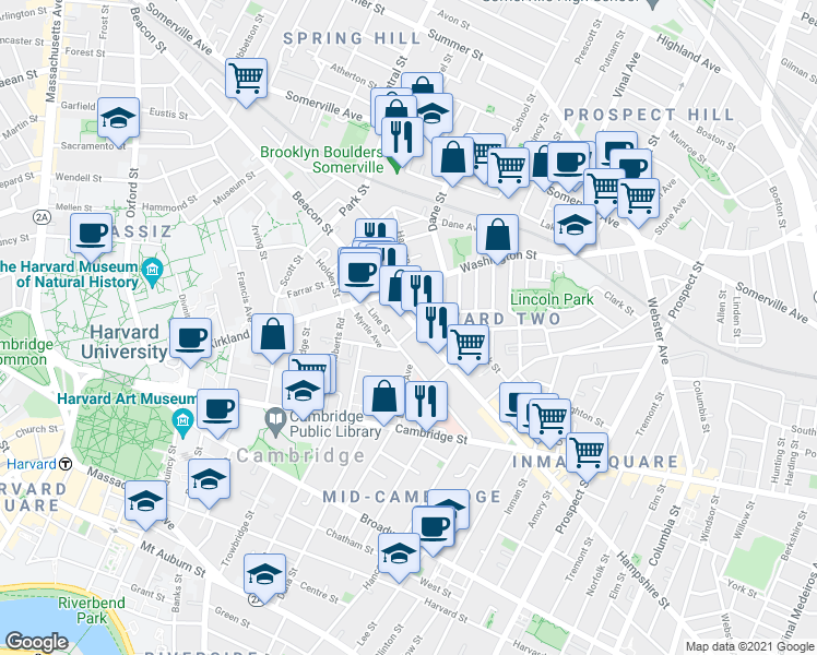 map of restaurants, bars, coffee shops, grocery stores, and more near in Somerville