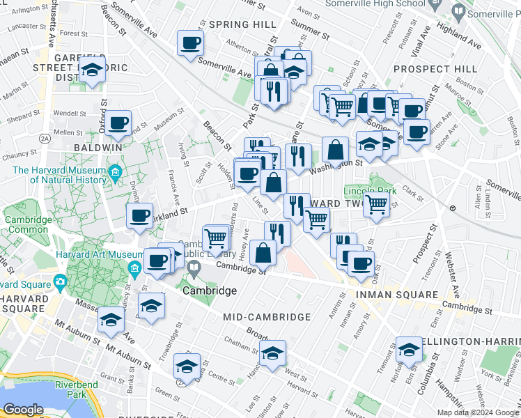 map of restaurants, bars, coffee shops, grocery stores, and more near in Somerville
