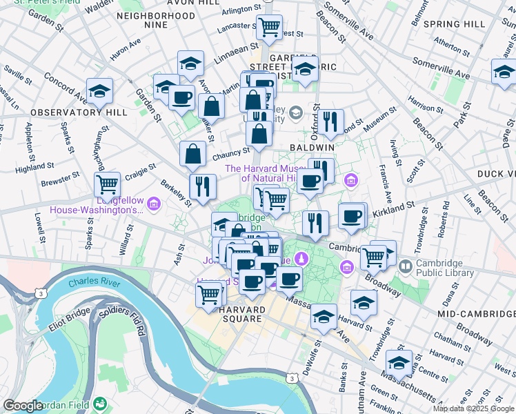 map of restaurants, bars, coffee shops, grocery stores, and more near 1541 Massachusetts 2A in Cambridge