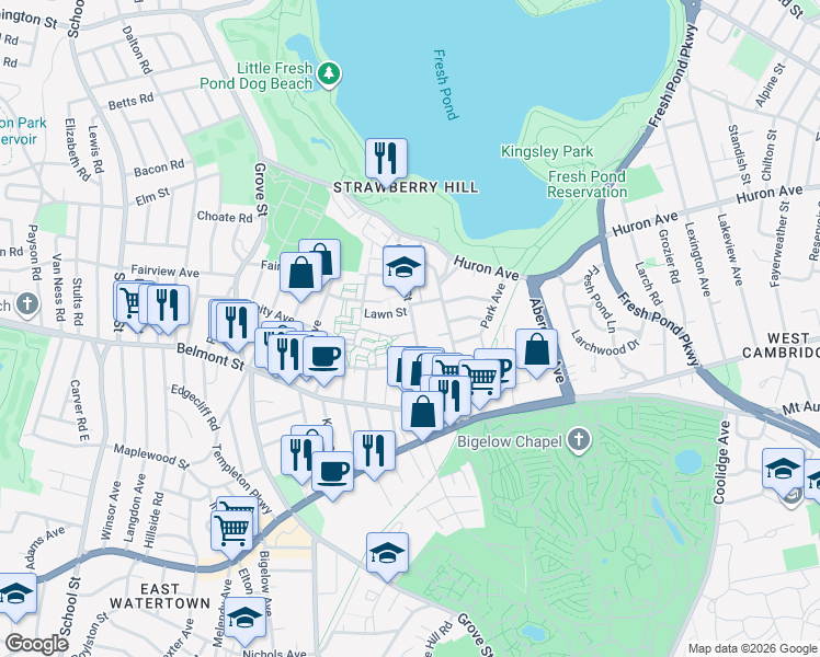 map of restaurants, bars, coffee shops, grocery stores, and more near 3 Lawn Street in Cambridge