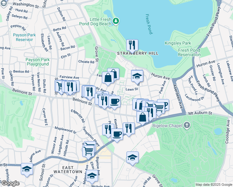 map of restaurants, bars, coffee shops, grocery stores, and more near 71 Oxford Circle in Belmont