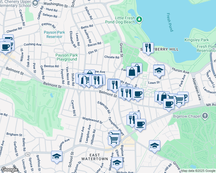 map of restaurants, bars, coffee shops, grocery stores, and more near 74 Unity Avenue in Belmont