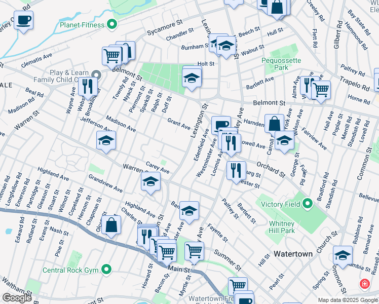 map of restaurants, bars, coffee shops, grocery stores, and more near 270 Lexington Street in Watertown