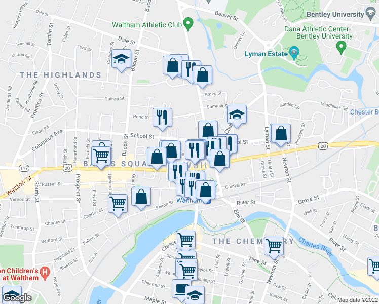 map of restaurants, bars, coffee shops, grocery stores, and more near 130 School Street in Waltham
