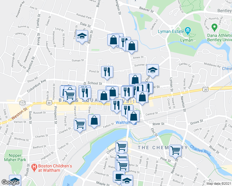 map of restaurants, bars, coffee shops, grocery stores, and more near 156 School Street in Waltham