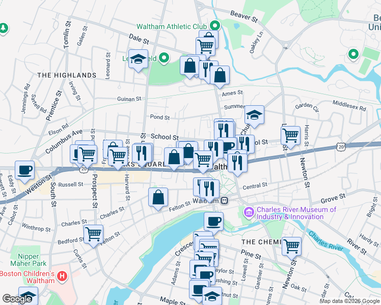 map of restaurants, bars, coffee shops, grocery stores, and more near 156 School Street in Waltham