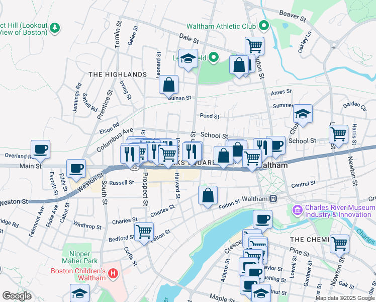 map of restaurants, bars, coffee shops, grocery stores, and more near 47b Bacon Street in Waltham