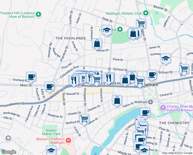 map of restaurants, bars, coffee shops, grocery stores, and more near 48 Fiske Street in Waltham
