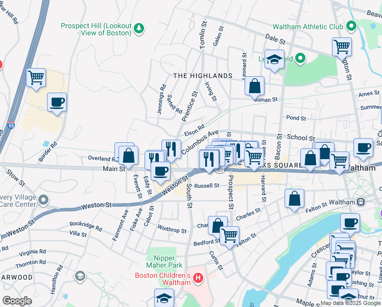 map of restaurants, bars, coffee shops, grocery stores, and more near 69 Columbus Avenue in Waltham