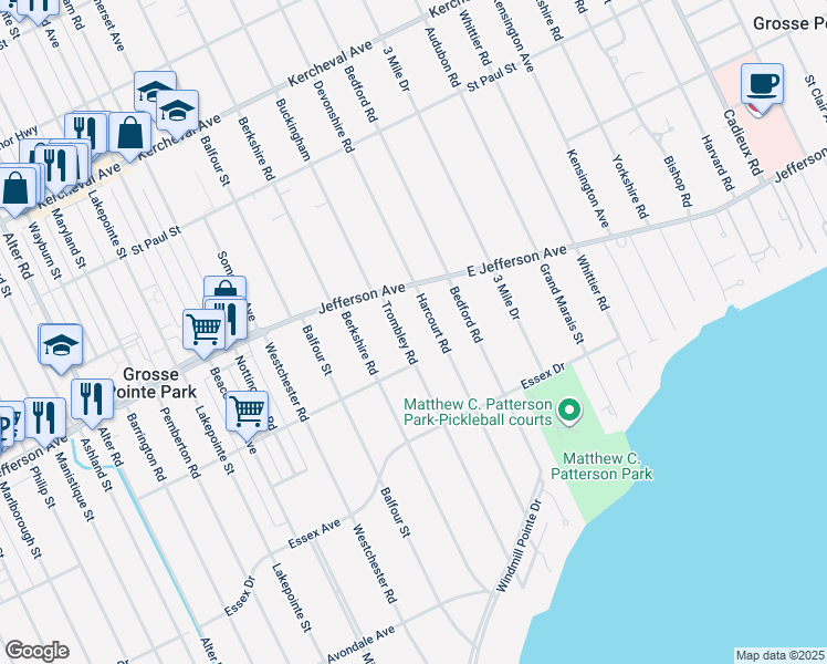 map of restaurants, bars, coffee shops, grocery stores, and more near 968 Trombley Road in Grosse Pointe Park