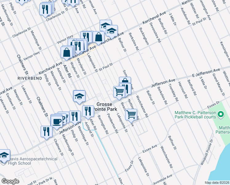 map of restaurants, bars, coffee shops, grocery stores, and more near 1029 Beaconsfield Avenue in Grosse Pointe Park