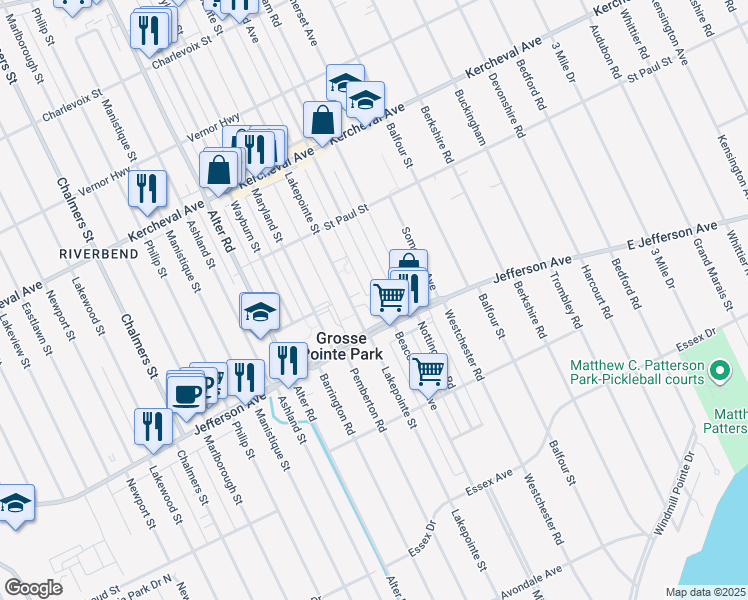 map of restaurants, bars, coffee shops, grocery stores, and more near 1029 Beaconsfield Avenue in Grosse Pointe Park