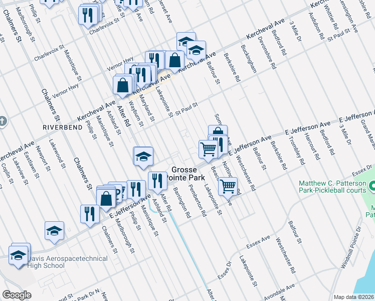 map of restaurants, bars, coffee shops, grocery stores, and more near 1029 Beaconsfield Avenue in Grosse Pointe Park