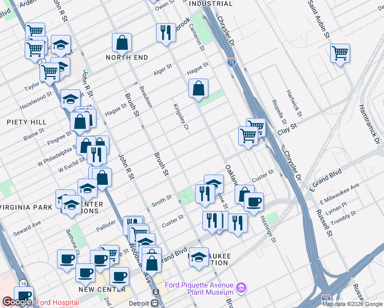 map of restaurants, bars, coffee shops, grocery stores, and more near 544 Mount Vernon Street in Detroit
