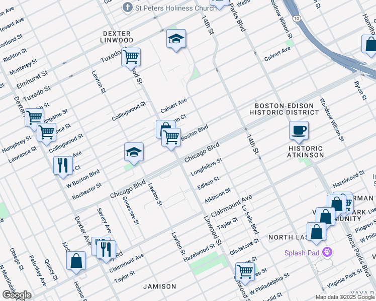 map of restaurants, bars, coffee shops, grocery stores, and more near 2505 West Boston Boulevard in Detroit