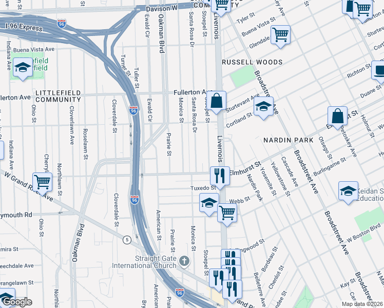 map of restaurants, bars, coffee shops, grocery stores, and more near 12130 Monica Street in Detroit