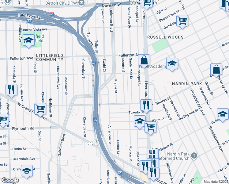 map of restaurants, bars, coffee shops, grocery stores, and more near 12135 Prairie Street in Detroit