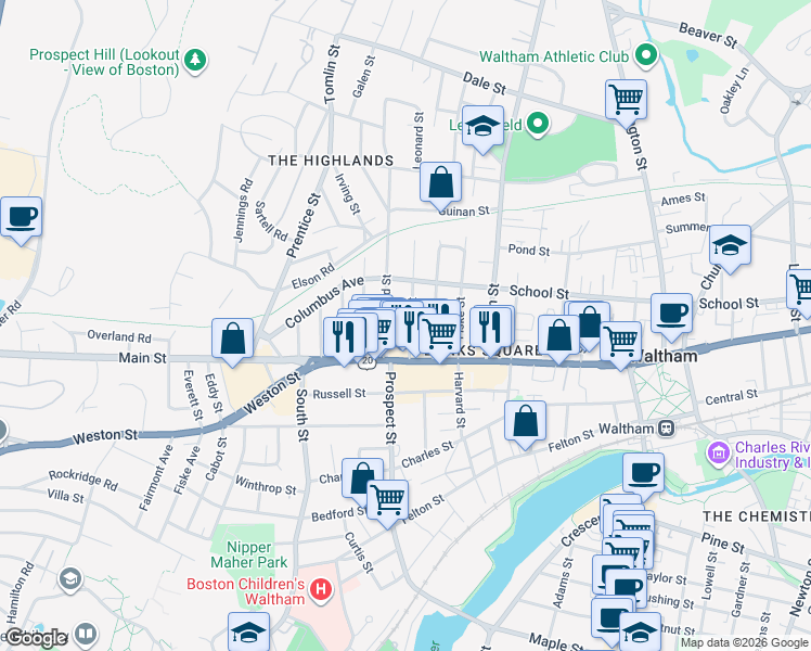 map of restaurants, bars, coffee shops, grocery stores, and more near 28 Francis Street in Waltham