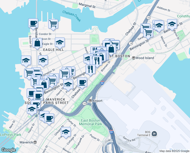 map of restaurants, bars, coffee shops, grocery stores, and more near 354 Chelsea Street in Boston