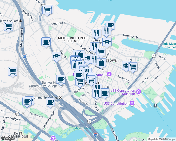 map of restaurants, bars, coffee shops, grocery stores, and more near 51 School Street in Boston