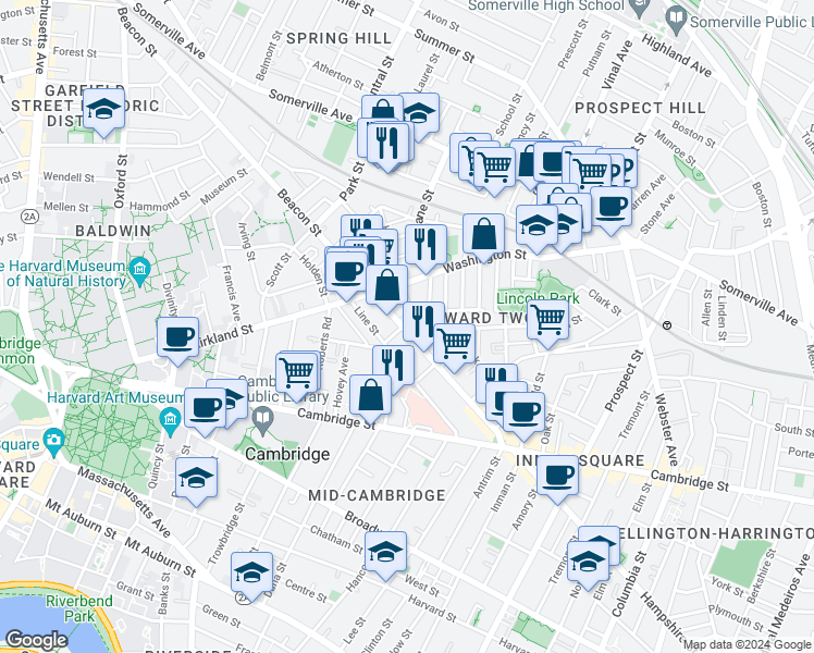 map of restaurants, bars, coffee shops, grocery stores, and more near 95A Beacon Street in Somerville