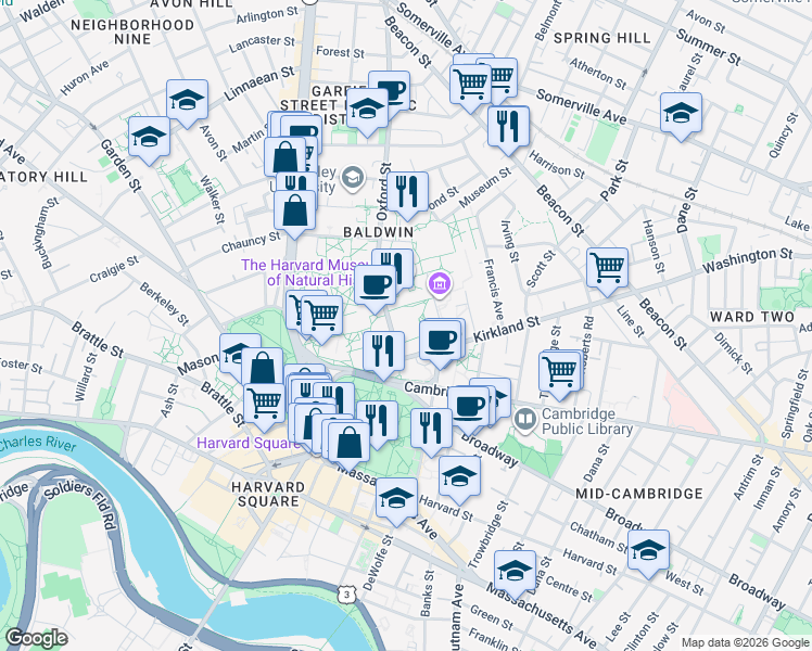 map of restaurants, bars, coffee shops, grocery stores, and more near 12 Oxford Street in Cambridge