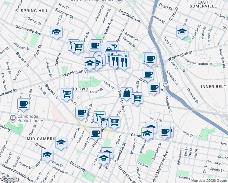 map of restaurants, bars, coffee shops, grocery stores, and more near 17 Clark Street in Somerville