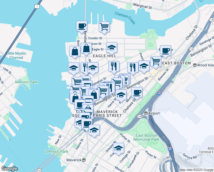 map of restaurants, bars, coffee shops, grocery stores, and more near 129 Lexington Street in Boston