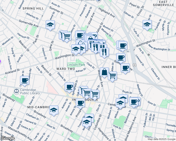 map of restaurants, bars, coffee shops, grocery stores, and more near 10 Joseph Street in Somerville