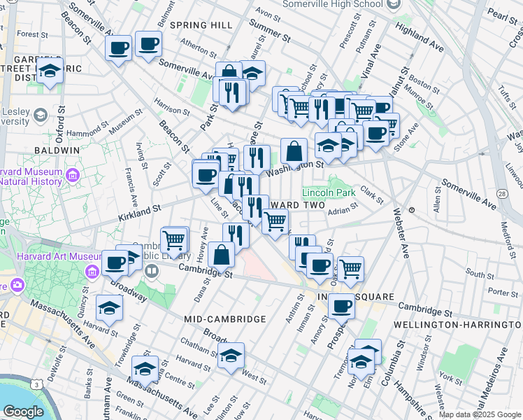 map of restaurants, bars, coffee shops, grocery stores, and more near 68 Dimick Street in Somerville