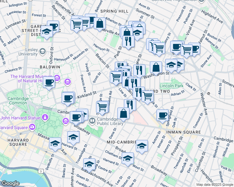 map of restaurants, bars, coffee shops, grocery stores, and more near 31 Myrtle Avenue in Cambridge