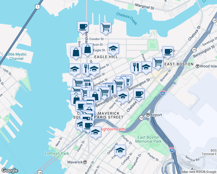 map of restaurants, bars, coffee shops, grocery stores, and more near 129 Lexington Street in Boston
