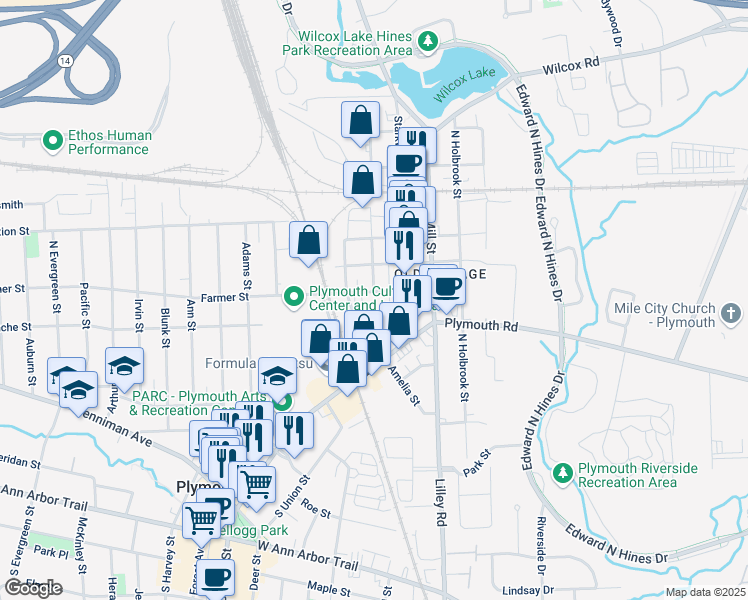 map of restaurants, bars, coffee shops, grocery stores, and more near 292 Farmer Street in Plymouth