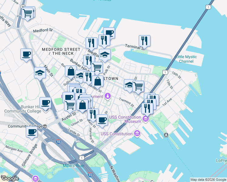 map of restaurants, bars, coffee shops, grocery stores, and more near in Boston