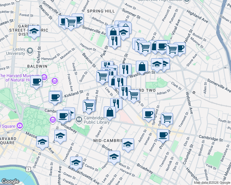 map of restaurants, bars, coffee shops, grocery stores, and more near in Somerville