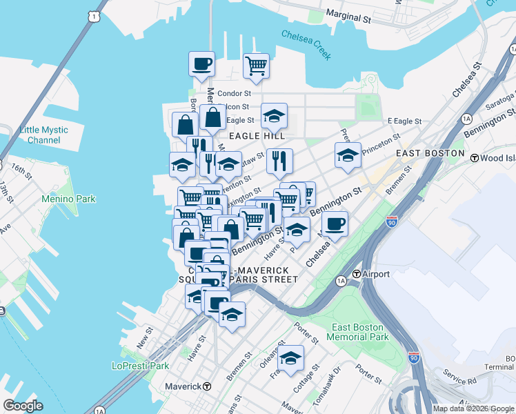 map of restaurants, bars, coffee shops, grocery stores, and more near in Boston