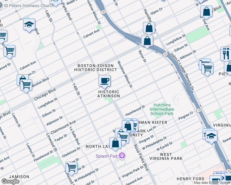 map of restaurants, bars, coffee shops, grocery stores, and more near 1721 Atkinson Street in Detroit